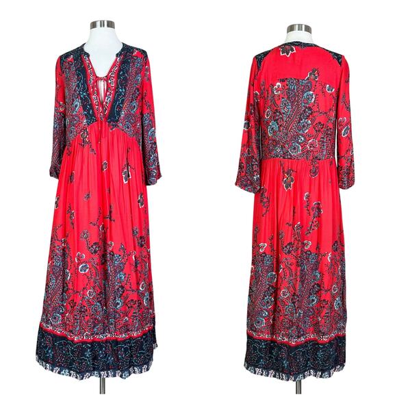 Free People | If Only You Knew Red Floral Slit Flowy Boho Maxi Dress EUC XS - Picture 1 of 12